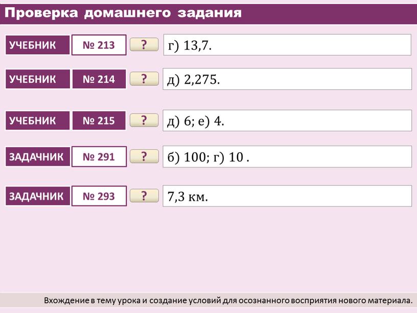 Проверка домашнего задания Вхождение в тему урока и создание условий для осознанного восприятия нового материала