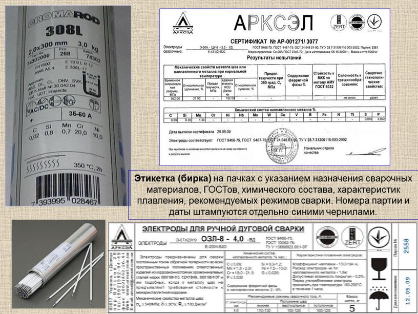 Этикетка (бирка) на пачках с указанием назначения сварочных материалов,