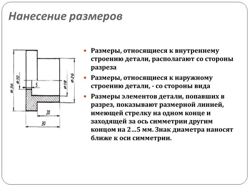 Нанесение размеров Размеры, относящиеся к внутреннему строению детали, располагают со стороны разреза