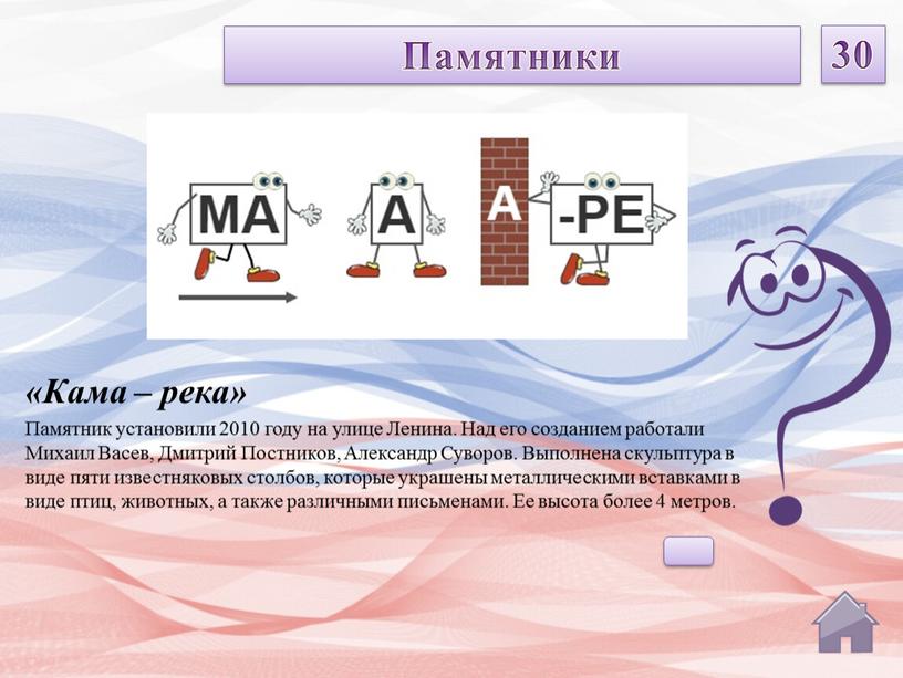 Кама – река» Памятник установили 2010 году на улице