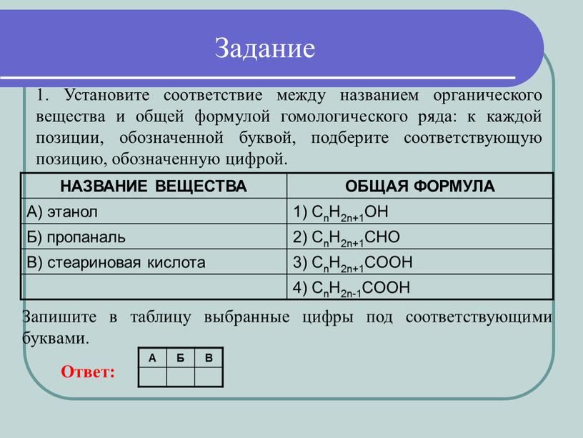 Задание 1. Установите соответствие между названием органического вещества и общей формулой гомологического ряда: к каждой позиции, обозначенной буквой, подберите соответствующую позицию, обозначенную цифрой