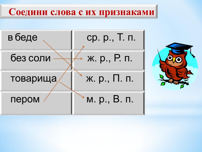 Соедини слова с их признаками в беде ср