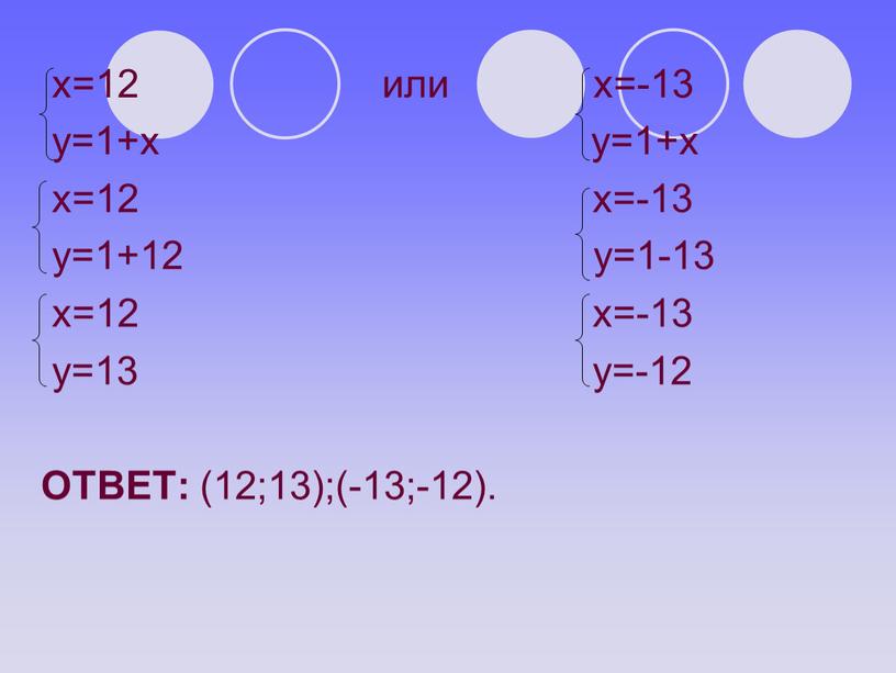 х=12 или х=-13 у=1+х у=1+х х=12 х=-13 у=1+12 у=1-13 х=12 х=-13 у=13 у=-12 ОТВЕТ: (12;13);(-13;-12).