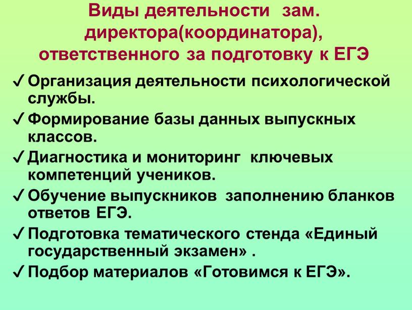 Виды деятельности зам. директора(координатора), ответственного за подготовку к