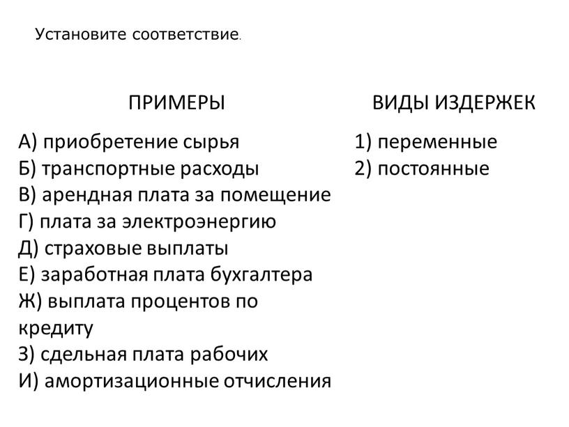 ПРИМЕРЫ ВИДЫ ИЗДЕРЖЕК А) приобретение сырья