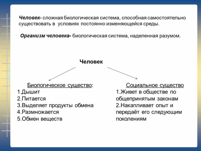 Человек - сложная биологическая система, способная самостоятельно существовать в условиях постоянно изменяющейся среды