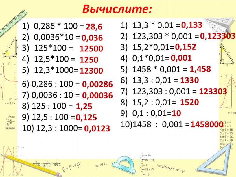 Вычислите: 0,286 * 100 = 0,0036*10 = 125*100 = 12,5*100 = 12,3*1000= 13,3 * 0,01 = 123,303 * 0,001 = 15,2*0,01= 0,1*0,01= 1458 * 0,001…