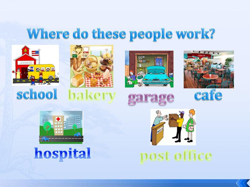 Where do these people work? school garage bakery hospital cafe post office