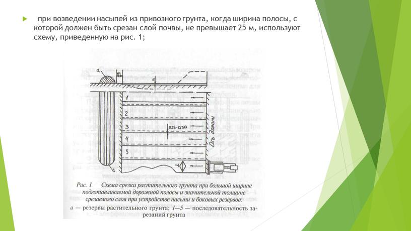 при возведении насыпей из привозного грунта, когда ширина полосы, с которой должен быть срезан слой почвы, не превышает 25 м, используют схему, приведенную на рис.…