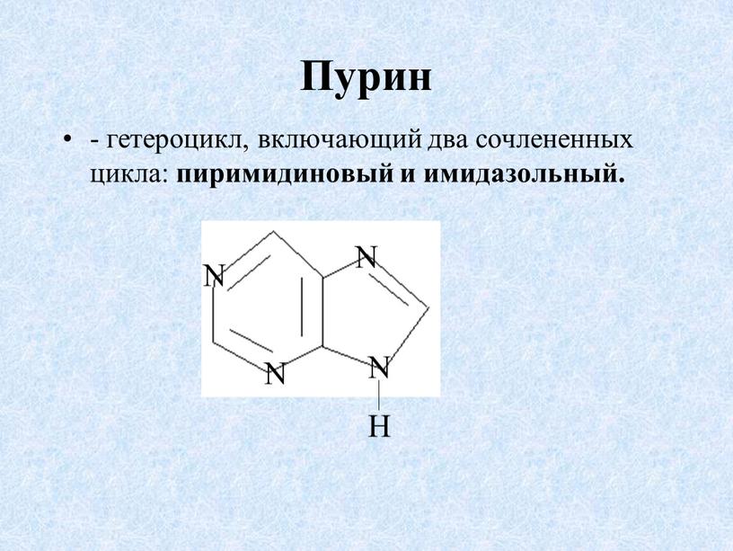 Пурин - гетероцикл, включающий два сочлененных цикла: пиримидиновый и имидазольный