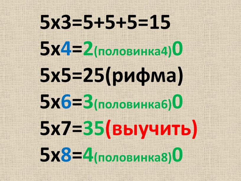 5х3=5+5+5=15 5х4=2(половинка4)0 5х5=25(рифма) 5х6=3(половинка6)0 5х7=35(выучить) 5х8=4(половинка8)0