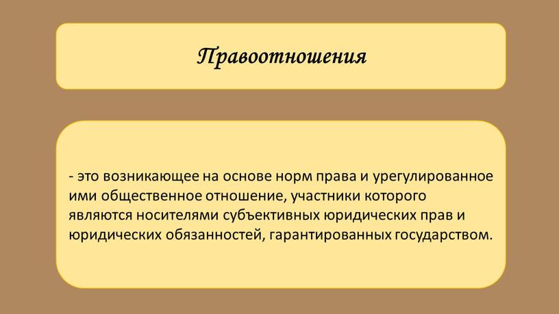 Правоотношения - это возникающее на основе норм права и урегулированное ими общественное отношение, участники которого являются носителями субъективных юридических прав и юридических обязанностей, гарантированных государством