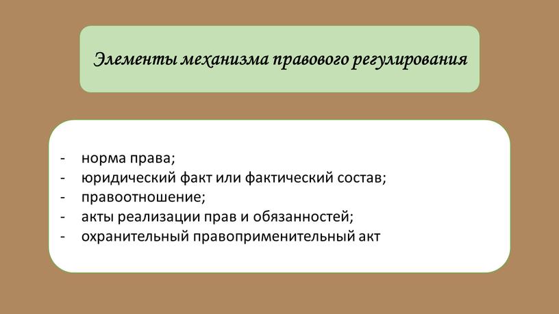 Элементы механизма правового регулирования норма права; юридический факт или фактический состав; правоотношение; акты реализации прав и обязанностей; охранительный правоприменительный акт