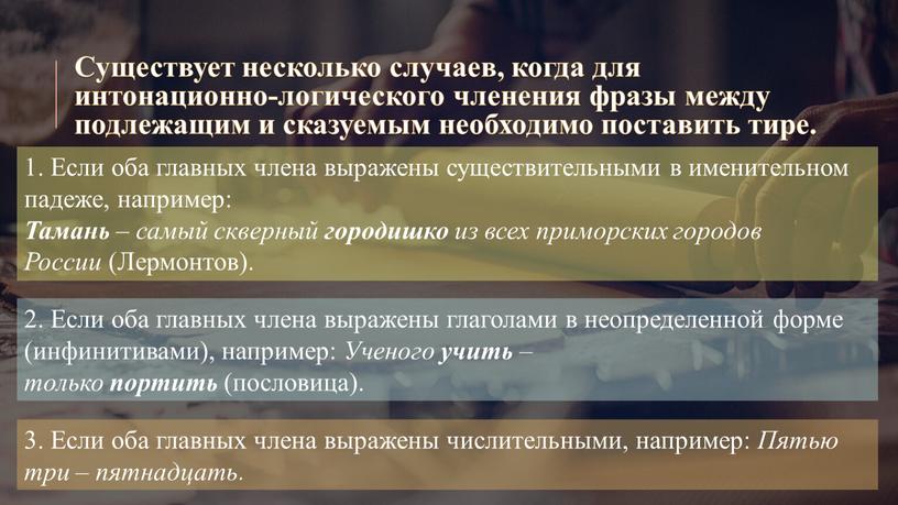 Существует несколько случаев, когда для интонационно-логического членения фразы между подлежащим и сказуемым необходимо поставить тире