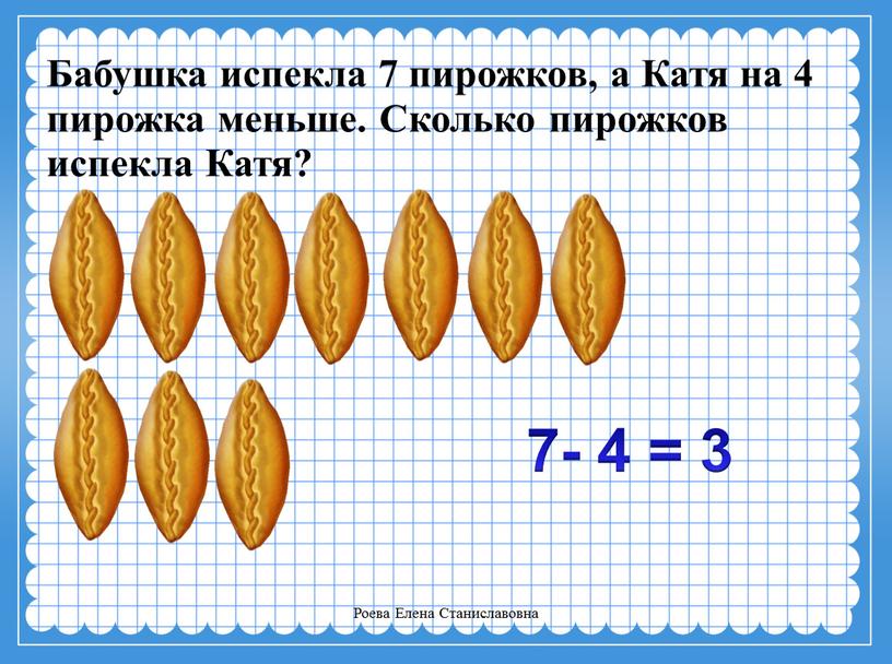 Бабушка испекла 7 пирожков, а Катя на 4 пирожка меньше