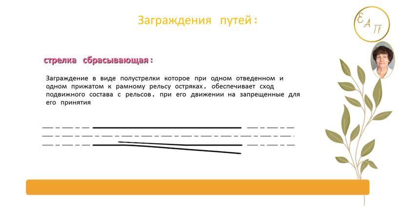 Заграждения путей: Заграждение в виде полустрелки которое при одном отведенном и одном прижатом к рамному рельсу остряках, обеспечивает сход подвижного состава с рельсов, при его…