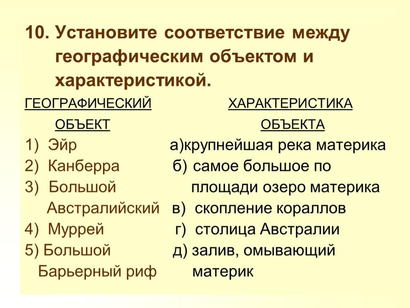 Установите соответствие между географическим объектом и характеристикой