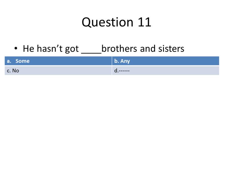 Question 11 He hasn’t got ____brothers and sisters