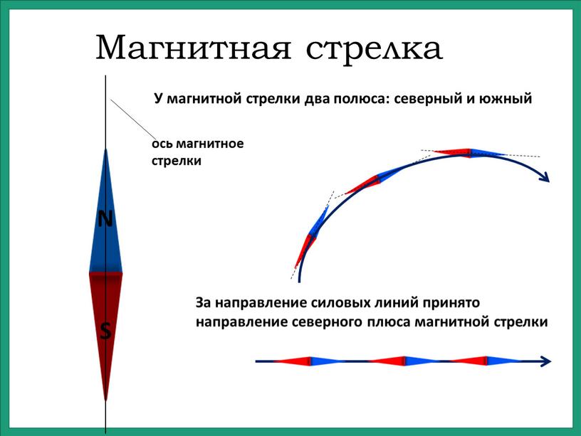 Магнитная стрелка У магнитной стрелки два полюса: северный и южный