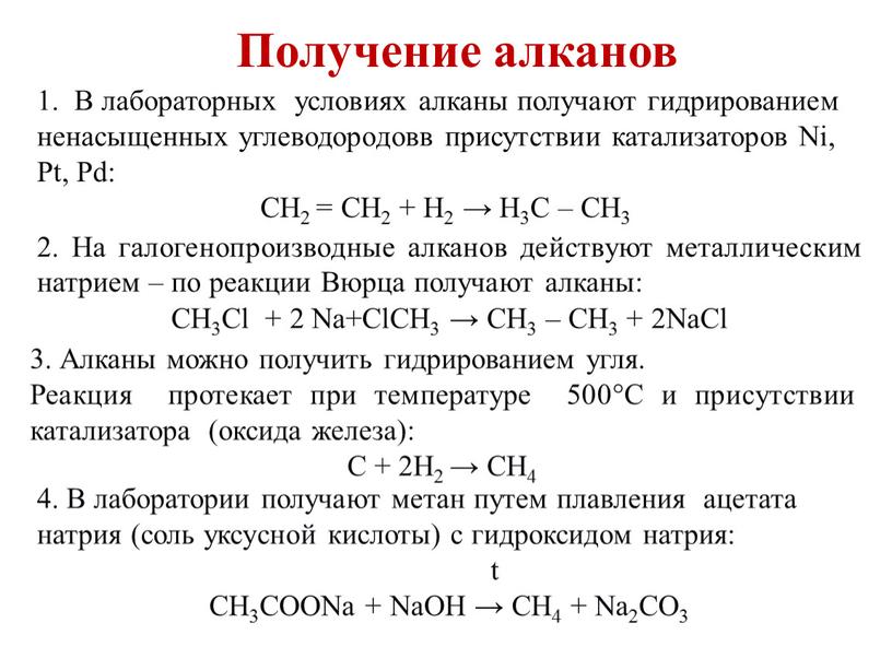 Получение алканов 1. В лабораторных условиях алканы получают гидрированием ненасыщенных углеводородовв присутствии катализаторов