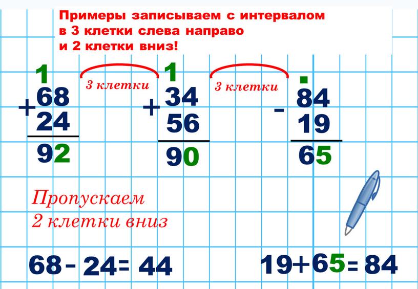 Примеры записываем с интервалом в 3 клетки слева направо и 2 клетки вниз! 68 + 92 24 34 + 90 56 19 - 65 84…