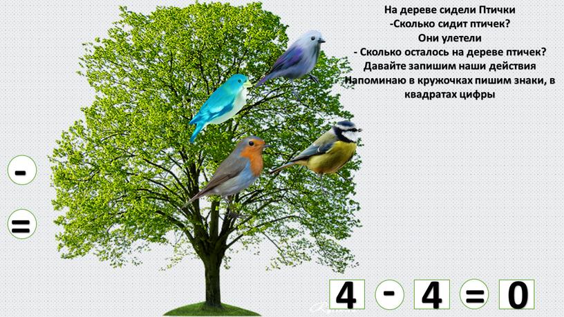 На дереве сидели Птички -Сколько сидит птичек?