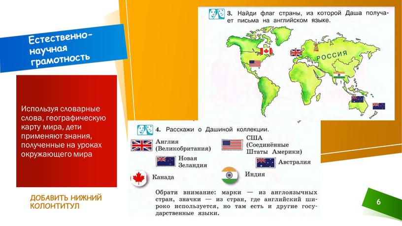 ДОБАВИТЬ НИЖНИЙ КОЛОНТИТУЛ 6 Используя словарные слова, географическую карту мира, дети применяют знания, полученные на уроках окружающего мира