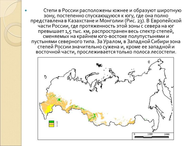 Степи в России расположены южнее и образуют широтную зону, постепенно спускающуюся к югу, где она полно представлена в