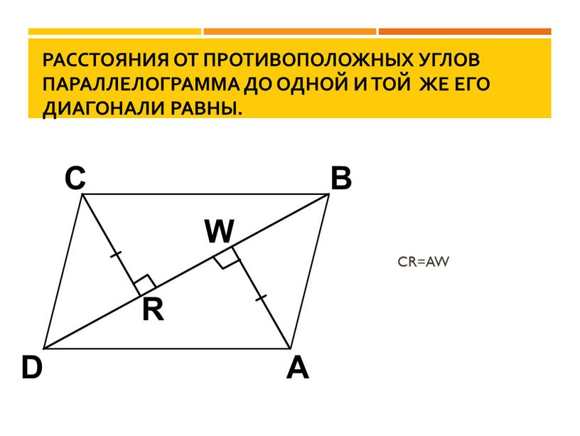 Расстояния от противоположных углов параллелограмма до одной и той же его диагонали равны