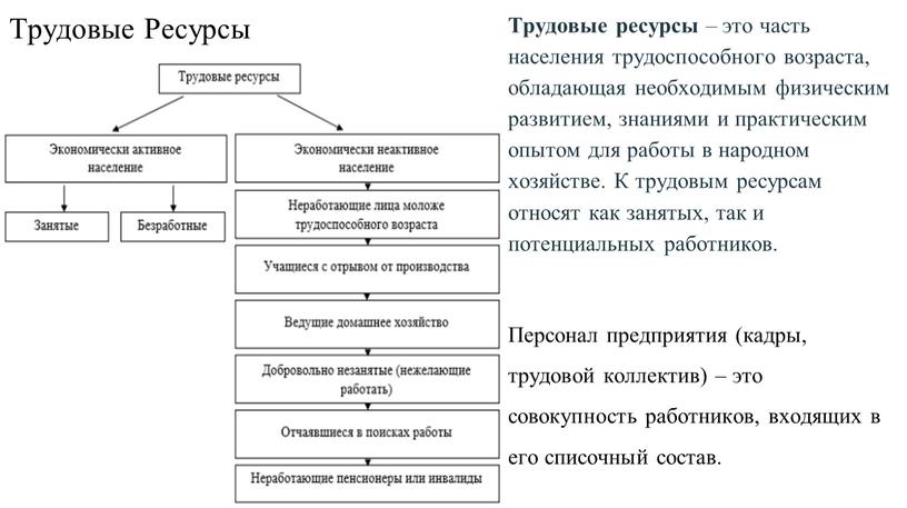 Трудовые ресурсы – это часть населения трудоспособного возраста, обладающая необходимым физическим развитием, знаниями и практическим опытом для работы в народном хозяйстве