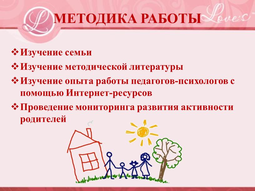 МЕТОДИКА РАБОТЫ Изучение семьи