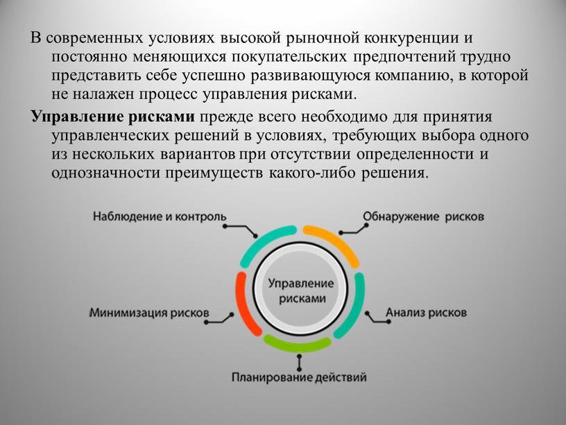 В современных условиях высокой рыночной конкуренции и постоянно меняющихся покупательских предпочтений трудно представить себе успешно развивающуюся компанию, в которой не налажен процесс управления рисками