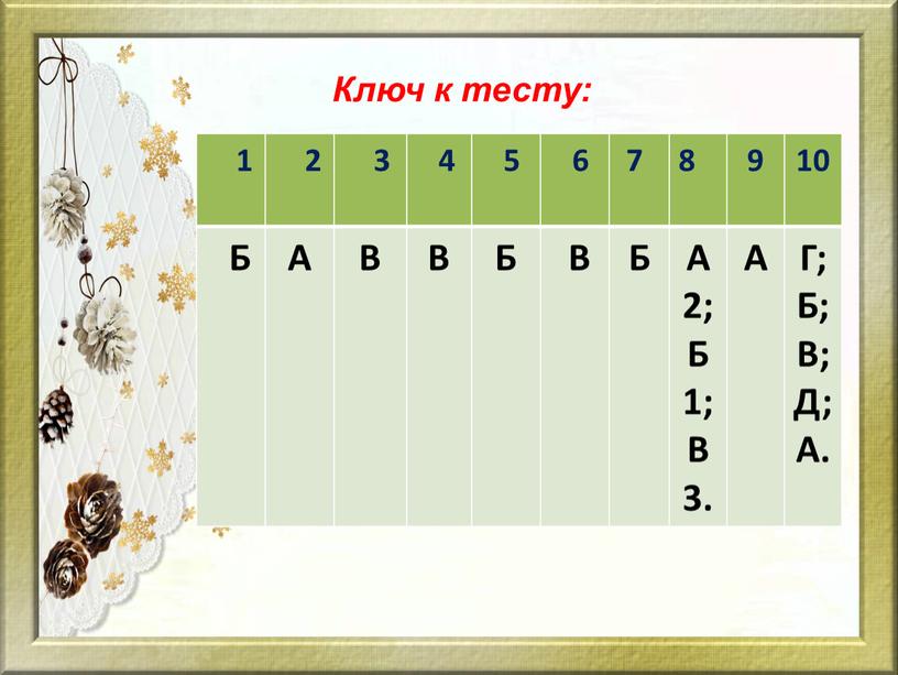 Ключ к тесту: 1 2 3 4 5 6 7 8 9 10