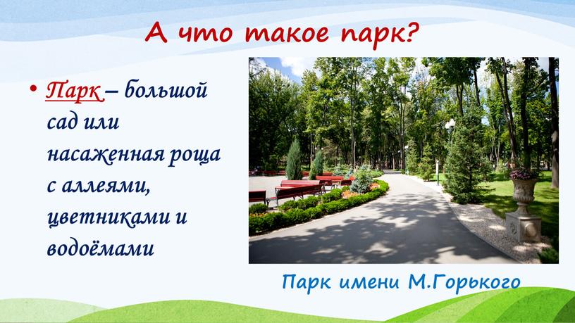 А что такое парк? Парк – большой сад или насаженная роща с аллеями, цветниками и водоёмами