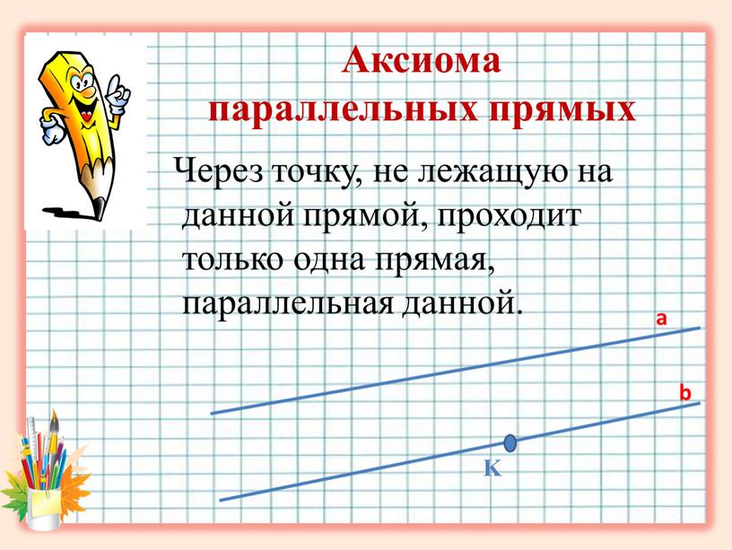 Через точку, не лежащую на данной прямой, проходит только одна прямая, параллельная данной