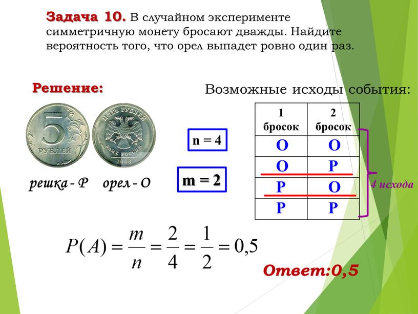 Задача 10. В случайном эксперименте симметричную монету бросают дважды