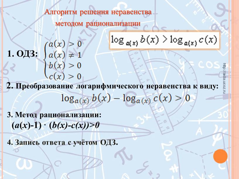 Алгоритм решения неравенства методом рационализации http://aida