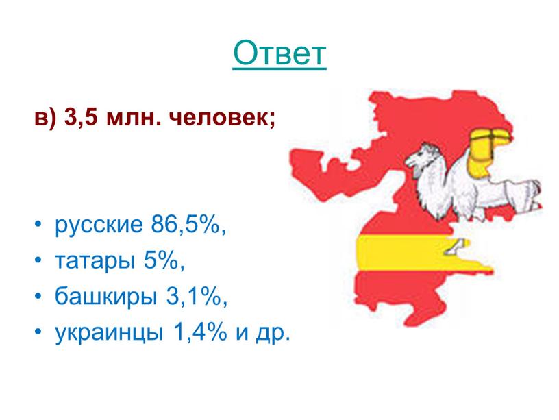 Ответ в) 3,5 млн. человек; русские 86,5%, татары 5%, башкиры 3,1%, украинцы 1,4% и др