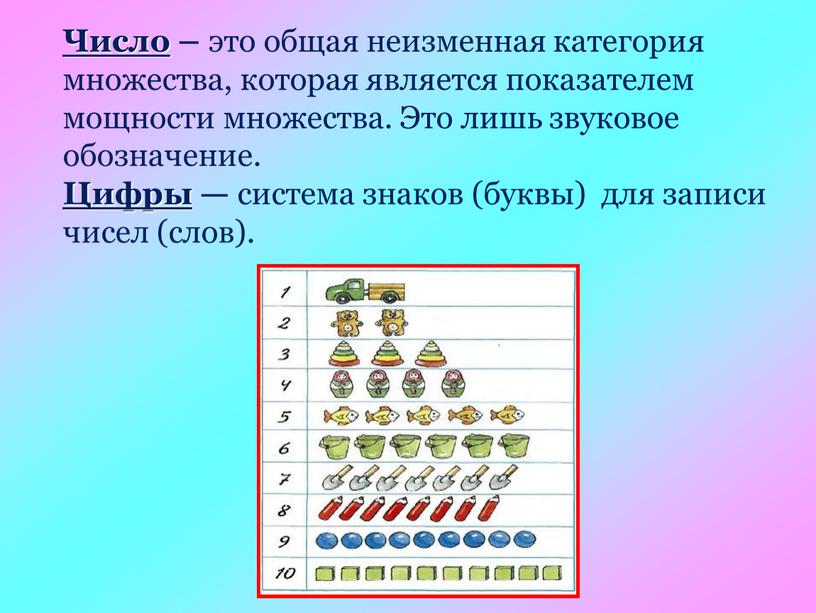 Число – это общая неизменная категория множества, которая является показателем мощности множества