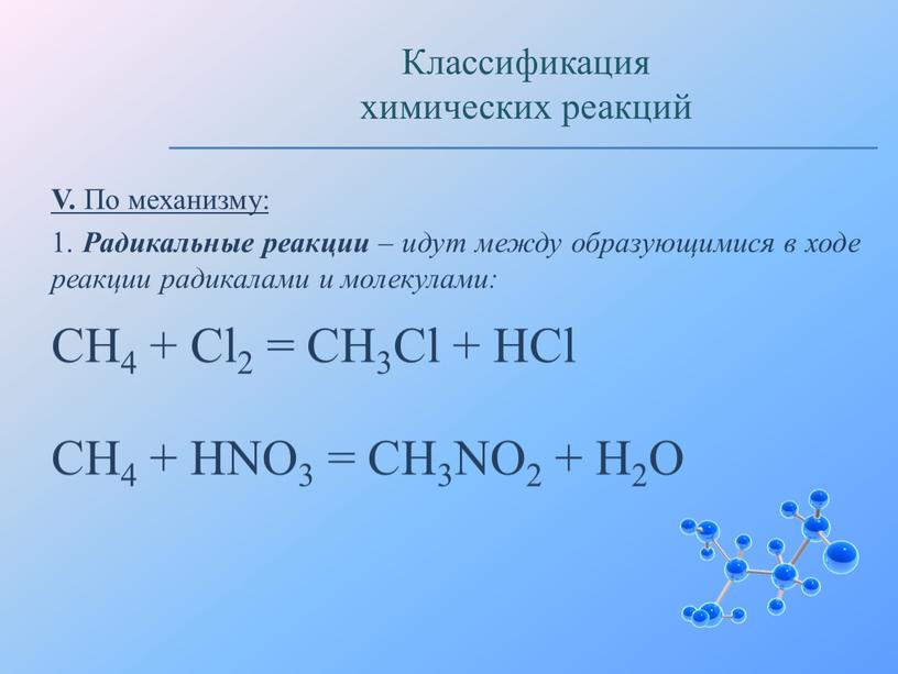 V. По механизму: 1. Радикальные реакции – идут между образующимися в ходе реакции радикалами и молекулами: