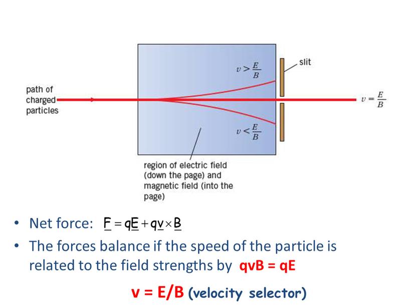 Net force: The forces balance if the speed of the particle is related to the field strengths by qvB = qE v =