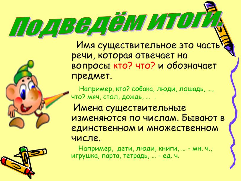 Имя существительное это часть речи, которая отвечает на вопросы кто? что? и обозначает предмет