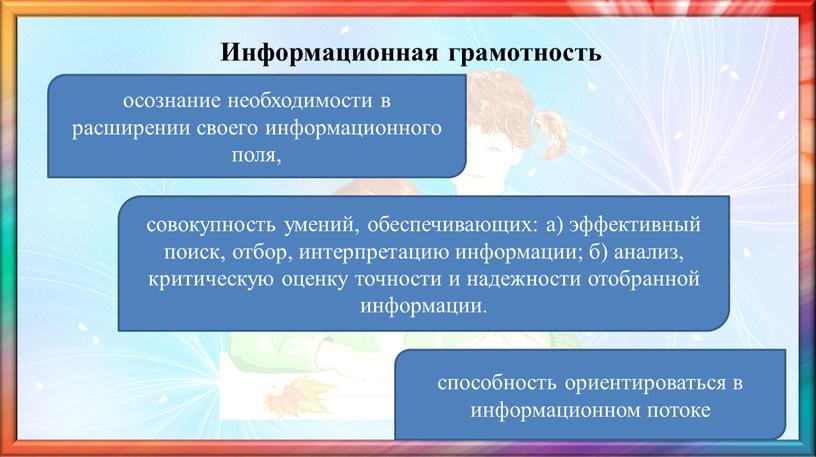 Информационная грамотность осознание необходимости в расширении своего информационного поля, совокупность умений, обеспечивающих: а) эффективный поиск, отбор, интерпретацию информации; б) анализ, критическую оценку точности и надежности…