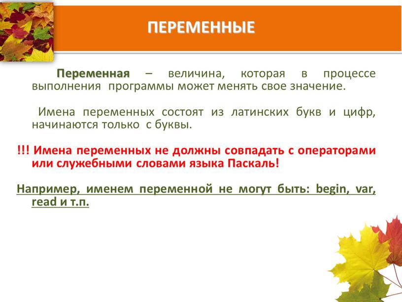 ПЕРЕМЕННЫЕ Переменная – величина, которая в процессе выполнения программы может менять свое значение