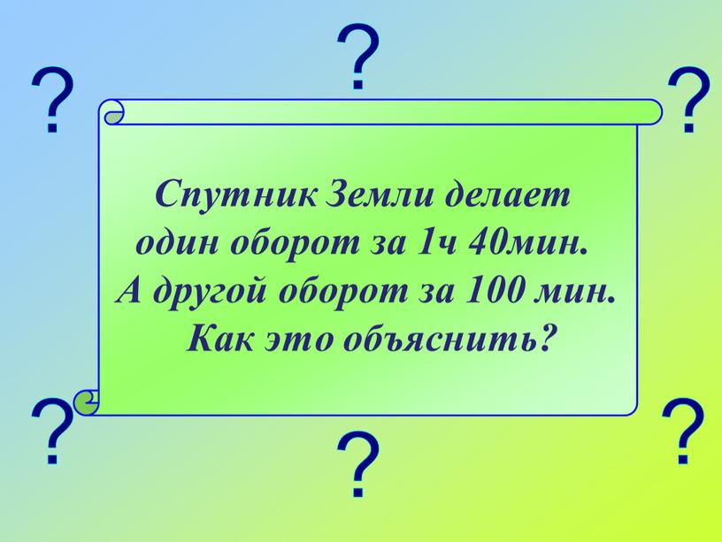 Спутник Земли делает один оборот за 1ч 40мин