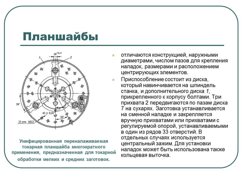 Планшайбы отличаются конструкцией, наружными диаметрами, числом пазов для крепления наладок, размерами и располо­жением центрирующих элементов