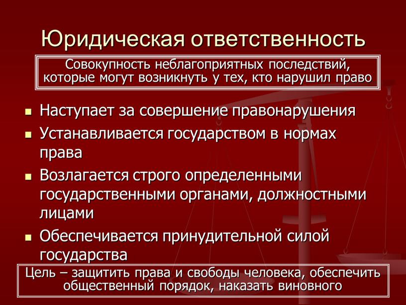 Юридическая ответственность Наступает за совершение правонарушения