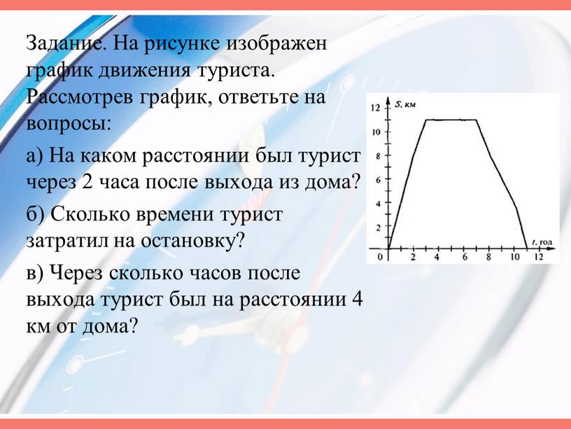 На рисунке изображен график движения туриста на каком расстоянии от дома был турист через 3