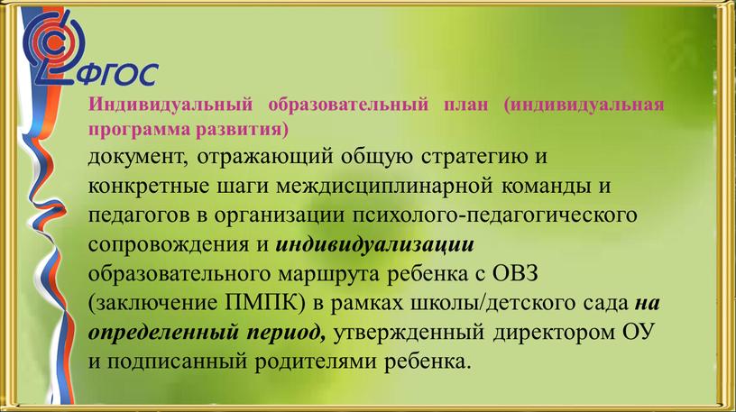 Индивидуальный образовательный план (индивидуальная программа развития) документ, отражающий общую стратегию и конкретные шаги междисциплинарной команды и педагогов в организации психолого-педагогического сопровождения и индивидуализации образовательного маршрута…