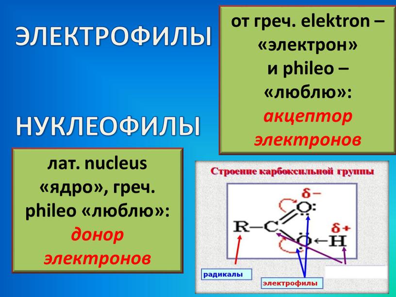 ЭЛЕКТРОФИЛЫ от греч. elektron – «электрон» и phileo – «люблю»: акцептор электронов